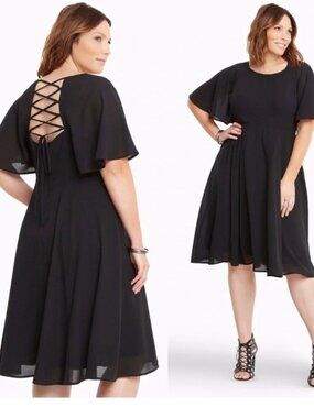 Torrid NWOT Lace Up Back Fit & Flare Dress Black Flutter Sleeve Size 24